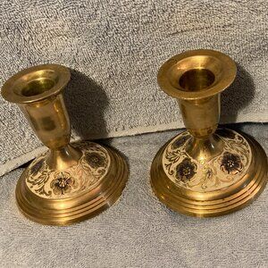 1960's Brass 4" H Candlestick Holders (2)-Black/Gold Enameled Floral Design-VGUC